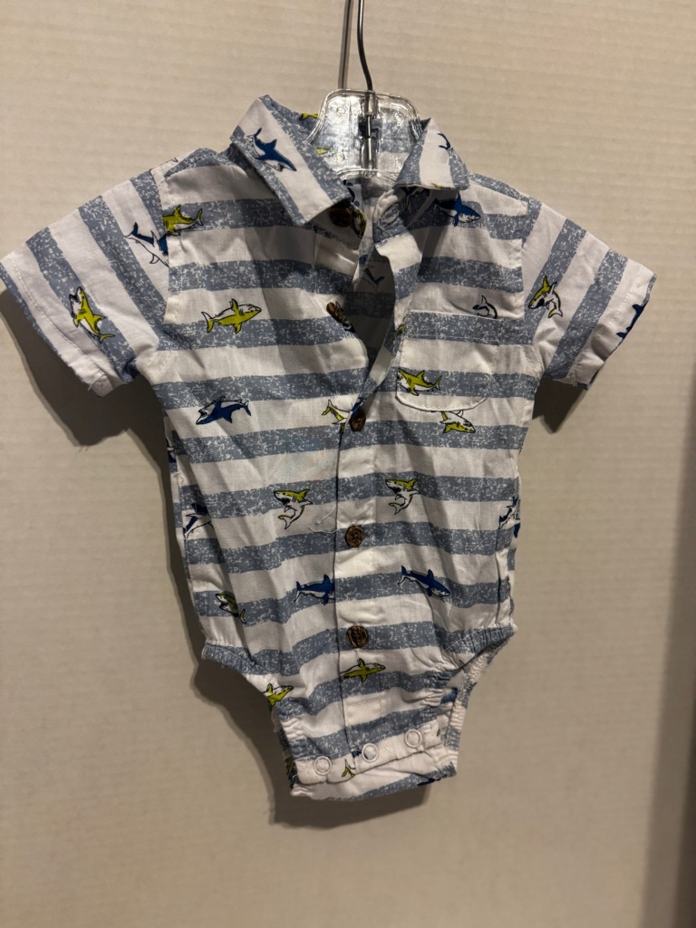 Little Lad Striped Shark Print Short-Sleeve One-Piece Bodysuit in Blue and White